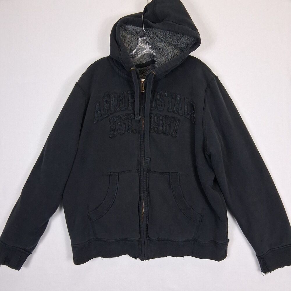 Y2K Aeropostale Sherpa Fur Hoodie XL Heavyweight Spellout Thrashed Grunge Skater